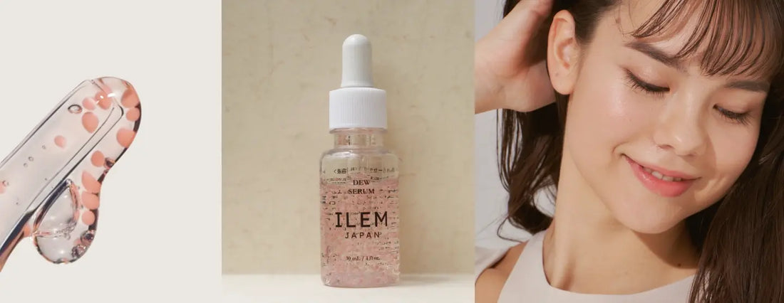 ILEM JAPAN Dew Serum with pink seaweed capsules in a clear hydrating serum