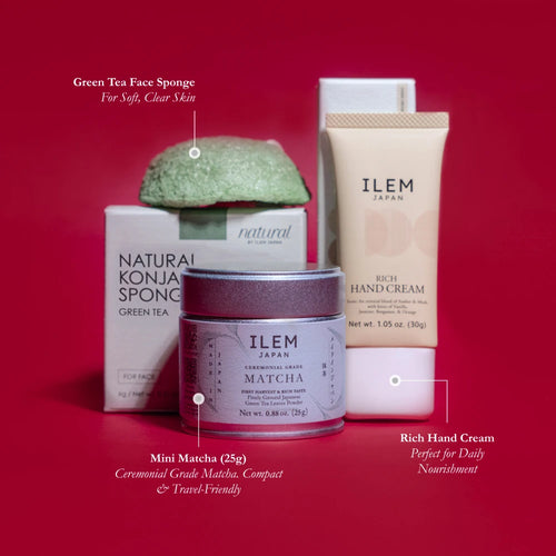 japanese matcha tea with hand cream face sponge